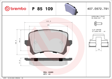 Piese auto - Set placute frana spate Brembo  P 85 109 Audi, VW, Skoda, Seat