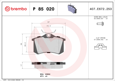 Piese auto - Set placute frana spate Brembo  P 85 020 Audi, VW, Skoda, Seat, Ford, Renault, Peugeot