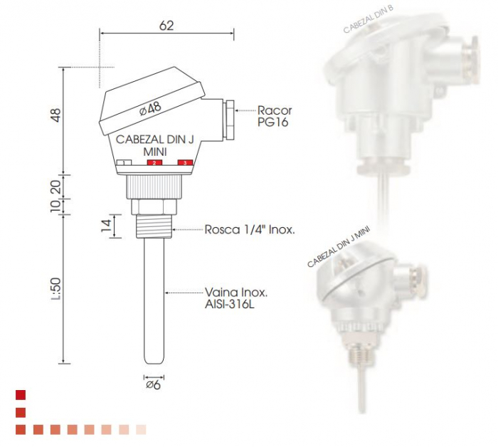 PT-50x6R1/4JmZ, Pt100 cu cap mini J, L:50mm Ø6mm, cutie borne 3 fire [1]