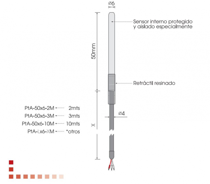 PTA-50x6=2M, senzor temperatura, PT100 izolat, 3 fire, Ø6 x 50mm, cablu silicon [1]