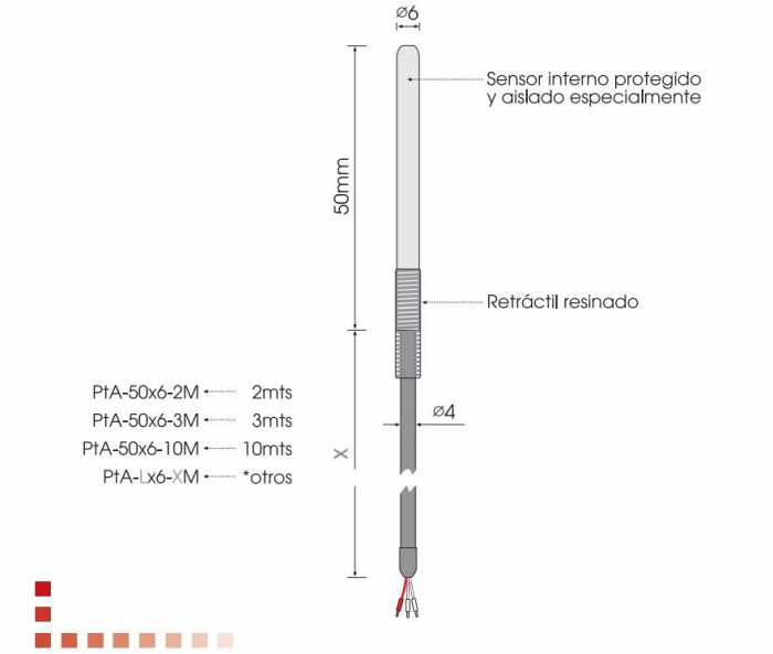 PTA-50x6=2M, senzor temperatura, PT100 izolat, 3 fire, Ø6 x 50mm, cablu silicon [1]