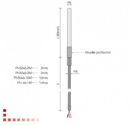 Temperatura - PT-50X6-2m, senzor temperatura, PT100 cu arc, 3 fire, Ø6 x 50mm, cablu silicon