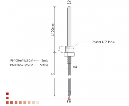 Temperatura - PT-100x6R1/2-2M, Pt100. racord 1/2", senzor temperatura, PT100, 3 fire, Ø6 x 100mm, cablu silicon