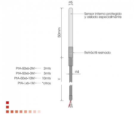 Temperatura - PTA-50x6=2M, senzor temperatura, PT100 izolat, 3 fire, Ø6 x 50mm, cablu silicon