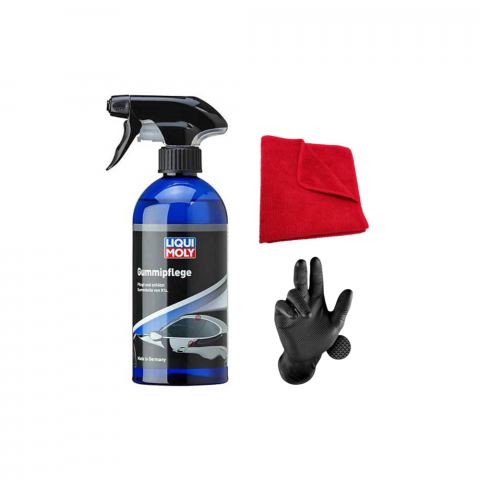 Solutii intretinere auto - Set, Solutie Intretinere Cauciuc, Liqui Moly Gummi-Pflege, 500 ml, Laveta din Microfibra, Profesionala, 30x30 cm, 1 pereche manusi