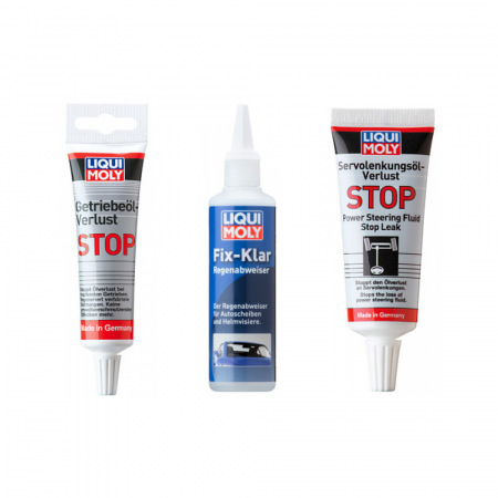Aditivi - Set, Aditiv evitare scurgere ulei cutie viteză 1042 - 50 ml, Soluţie de Protecţie contra Ploii 1590 - 125 ml, Aditiv evitare pierderi ulei servodirectie 1099 - 35 ml, Liqui Moly