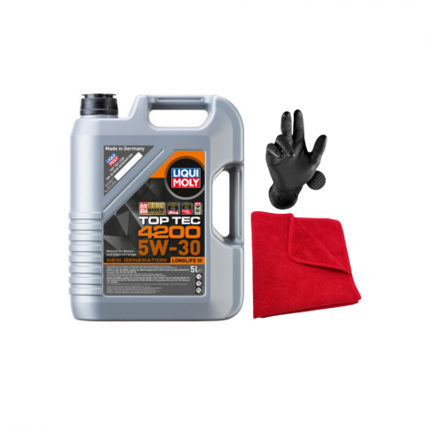 Uleiuri de motor - Set, Ulei motor Liqui Moly Top Tec 4200 5W30 5L, Laveta din Microfibra, Profesionala, 30x30 cm, 1 pereche manusi