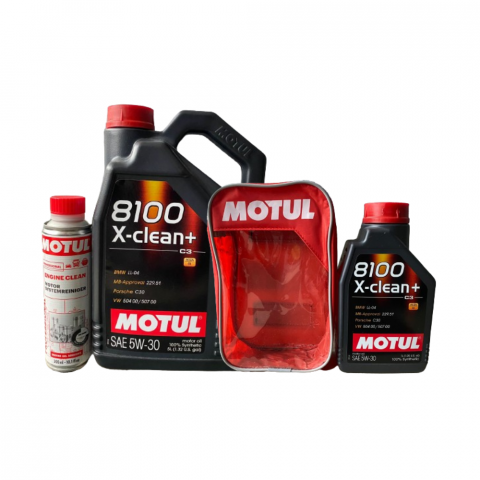 Uleiuri de motor - Pachet Motul, Ulei Motul, 8100X-CLEAN 5W30 5L, Aditiv, spalare motor, 300ml, Ulei Motul, 8100X-CLEAN 5W30 1L, Husa pentru bidon