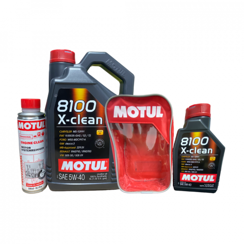 Uleiuri de motor - Pachet Motul, Ulei Motul, 8100X-CLEAN 5W40 5L, Aditiv, spalare motor, 300ml, Ulei Motul, 8100X-CLEAN 5W40 1L, Husa pentru bidon