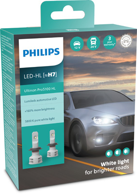 BECURI LED - Set 2 leduri auto, Philips, Ultinon Pro5100 H7, 12 W, 5800 K, 12 / 24 V, 11972U51X2