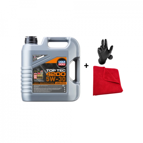 Uleiuri de motor - Set, Ulei motor Liqui Moly Top Tec 4200 5W30 4L, Laveta din Microfibra, Profesionala, 30x30 cm, 1 pereche manusi