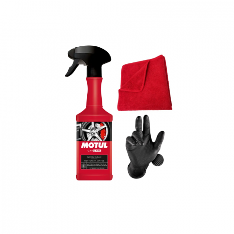 Solutii intretinere auto - Solutie Curatare Jante, Motul Wheel Clean, 500ml, Laveta din Microfibra, Profesionala, 30x30 cm, 1 pereche manusi