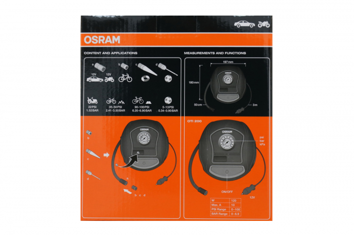 Compresor aer, auto, MinOsram OTI200, 5.5 bar, 12 V, manometru analog, adaptoare incluse [3]