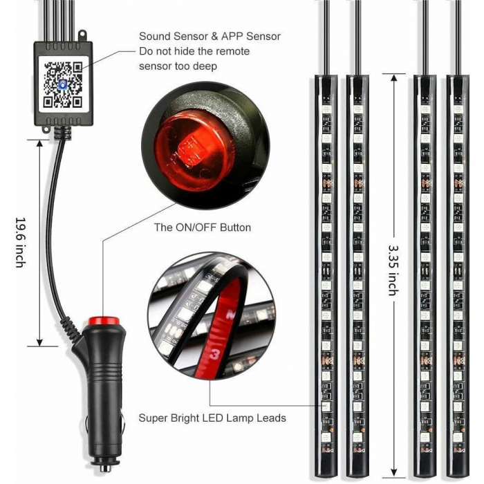 Kit 4 Lumini Ambientale RGB cu Aplicatie Telefon Bluetooth, 12V, 12 LED, 22 cm LAL-12 [2]