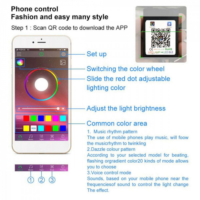 Kit 4 Lumini Ambientale RGB cu Aplicatie Telefon Bluetooth, 12V, 18 LED, 32 cm LAL-18 [2]