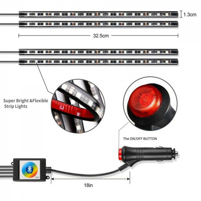 Kit 4 Lumini Ambientale RGB cu Aplicatie Telefon Bluetooth, 12V, 18 LED, 32 cm LAL-18 [4]