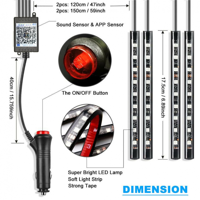 Kit 4 Lumini Ambientale RGB cu Aplicatie Telefon Bluetooth, 12V, 9 LED, 17 cm LAL-9 [4]