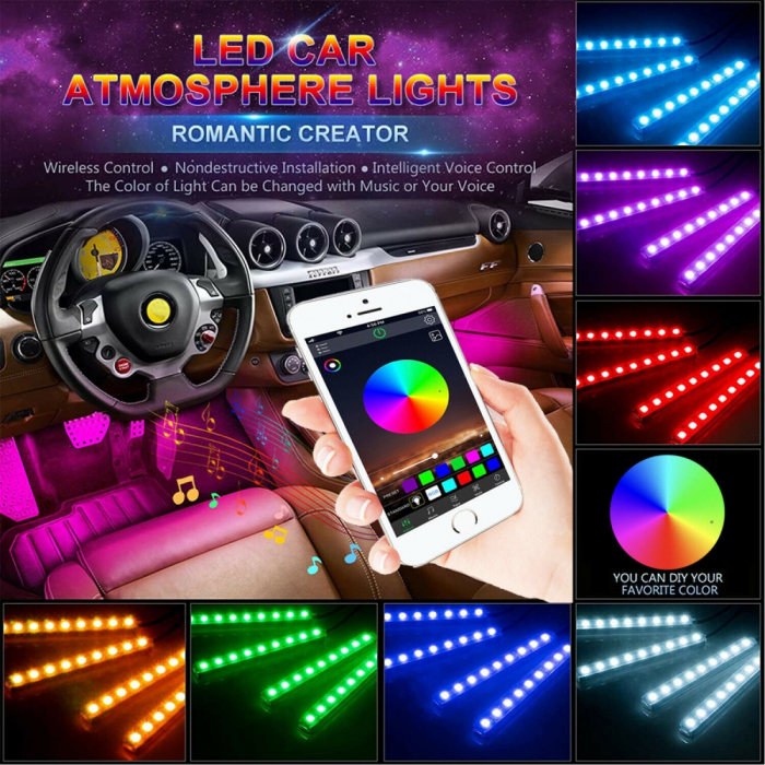 Kit 4 Lumini Ambientale RGB cu Aplicatie Telefon Bluetooth, 12V, 9 LED, 17 cm LAL-9 [2]