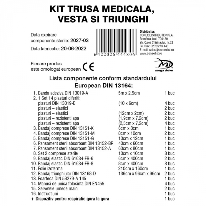Kit trusa medicala in conformitate cu DIN 13164, vesta reflectorizanta EN ISO 20471:2013 si triunghi reflectorizant Omologat Mega Drive + borseta portocalie CADOU [1]