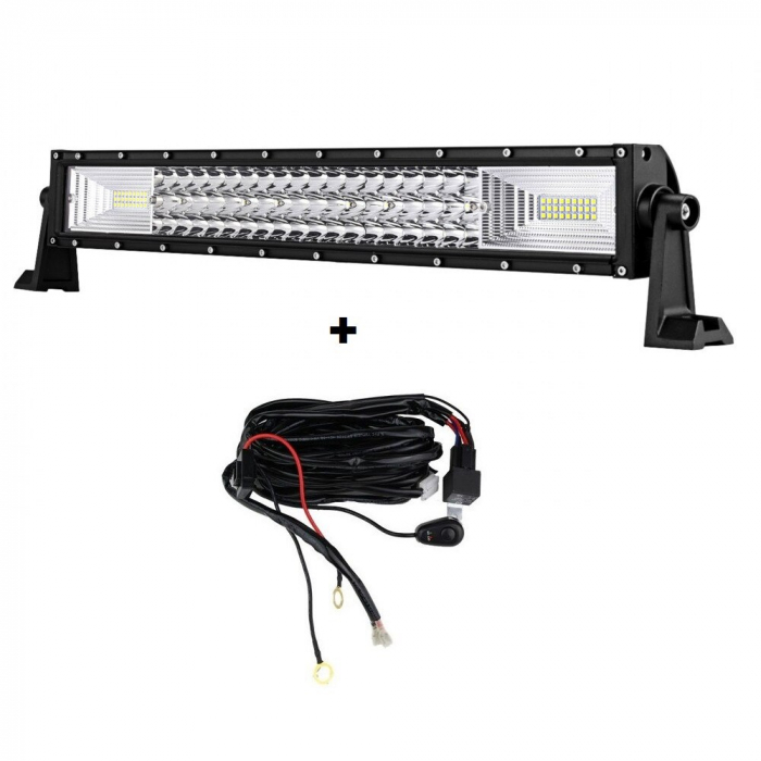 LED Bar Offroad 324W, leduri pe 3 randuri, 12V-24V, 22680 Lumeni, 21,5"/54,6 cm, Combo Beam 12/60 Grade + cablaj alimentare cu releu, siguranta si buton ON/OFF [6]