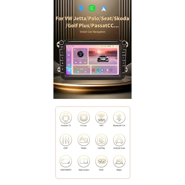 Navigatie Smart Pro 8'' Android 12 – CarPlay & Android Auto Wireless Compatibil cu VW (Passat, Golf, Tiguan, Polo), Skoda (Octavia 2, Superb, Fabia) si Seat (Leon, Ibiza), 4GB RAM, 64GB Memorie [4]