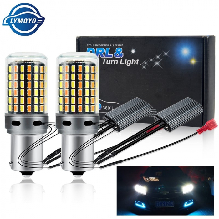 Set 2 Leduri PY21W BAU15S cu dubla culoare Semnalizare galbena + Lumina de zi alba - BAU15S-114SMD-3014-AMBER+WHITE [4]