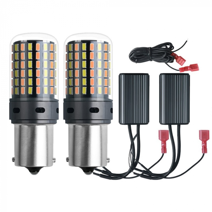 Set 2 Leduri PY21W BAU15S cu dubla culoare Semnalizare galbena + Lumina de zi alba - BAU15S-114SMD-3014-AMBER+WHITE [5]
