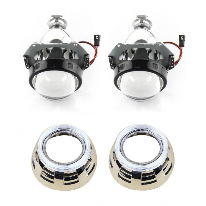 Set 2 lupe Bifazice Bixenon Biled cu angel eyes Mini H1 3 inch, lungime 12cm, universale cu ornamente cromate Z113 incluse [6]