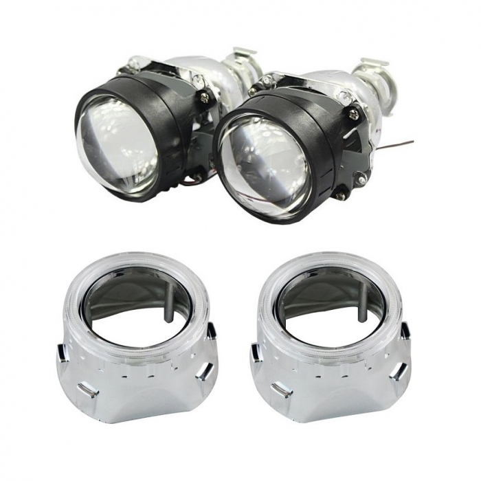 Set 2 lupe Bifazice, Bixenon cu angel eyes alb Mini H1 2.5", lungime 11.5cm, universale cu ornamente cromate Z261 incluse [6]