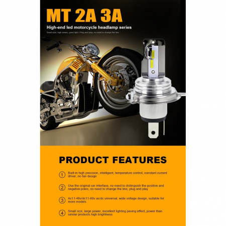 Bec LED H4 pentru far moto, Atv, scuter, putere 18W, luminozitate 1600 Lumeni, 12V MT2A-H4 [1]