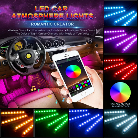 Kit 4 Lumini Ambientale RGB cu Aplicatie Telefon Bluetooth, 12V, 9 LED, 17 cm LAL-9 [1]
