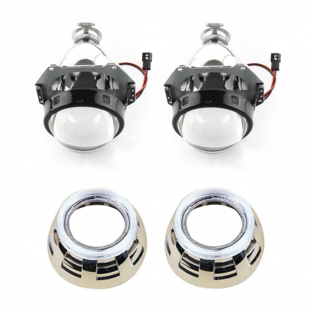 Set 2 lupe Bifazice Bixenon Biled cu angel eyes Mini H1 3 inch, lungime 12cm, universale cu ornamente cromate Z113 incluse [5]
