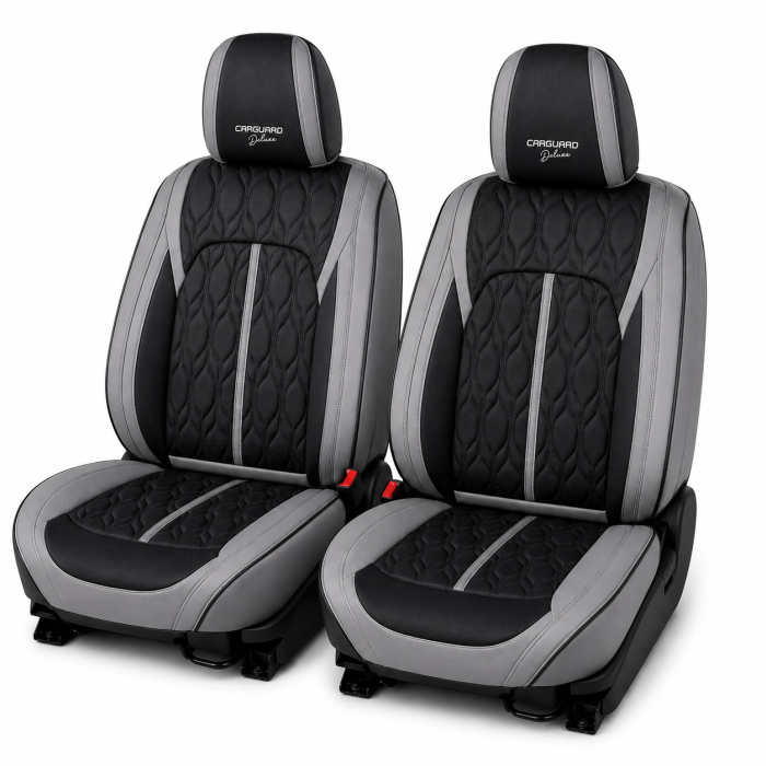 Huse auto premium 5 locuri Carguard Deluxe piele ecologică perforată - gri - negru [2]