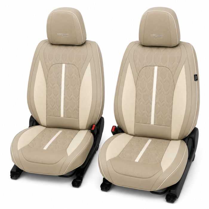 Huse auto premium 5 locuri Carguard Deluxe piele ecologică perforată - maro deschis - crem [2]