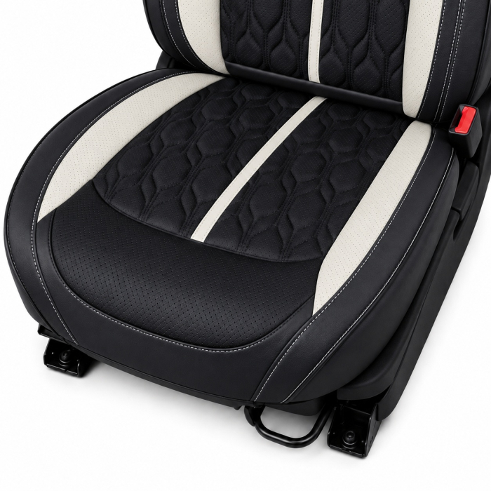 Huse auto premium 5 locuri Carguard Deluxe piele ecologică perforată - negru - alb [6]