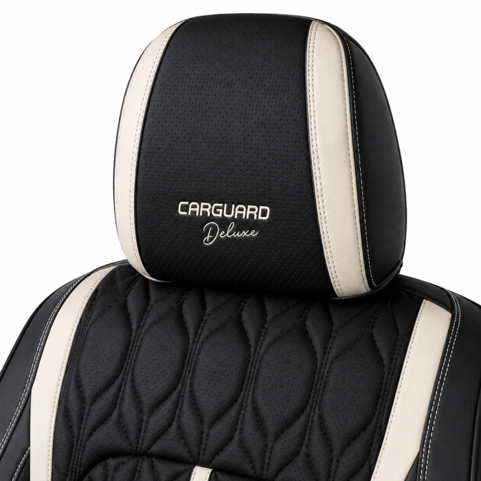 Huse auto premium 5 locuri Carguard Deluxe piele ecologică perforată - negru - alb [4]