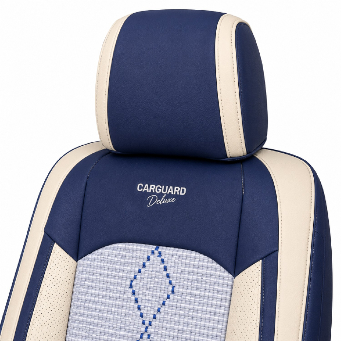 Huse auto premium 5 locuri Carguard Deluxe piele ecologică perforată și textil - albastru - alb [4]