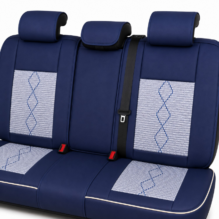 Huse auto premium 5 locuri Carguard Deluxe piele ecologică perforată și textil - albastru - alb [5]