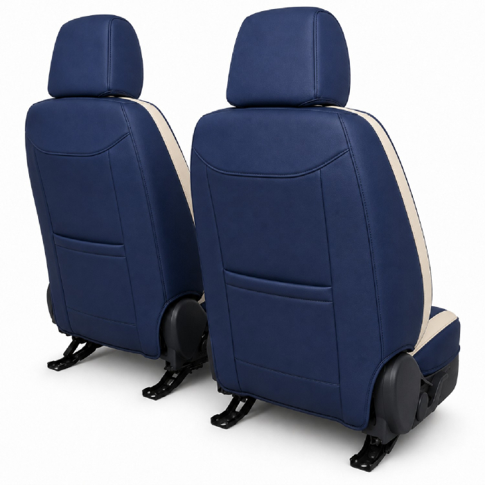 Huse auto premium 5 locuri Carguard Deluxe piele ecologică perforată și textil - albastru - alb [8]