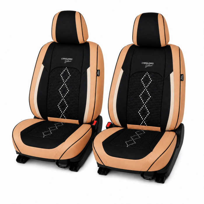 Huse auto premium 5 locuri Carguard Deluxe piele ecologică perforată și textil - maro caramel [2]