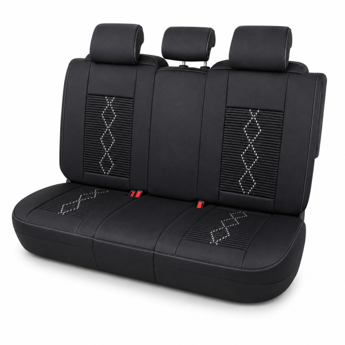 Huse auto premium 5 locuri Carguard Deluxe piele ecologică perforată și textil - negru - alb [3]