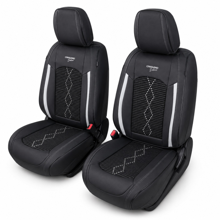 Huse auto premium 5 locuri Carguard Deluxe piele ecologică perforată și textil - negru - alb [2]