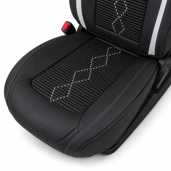 Huse auto premium 5 locuri Carguard Deluxe piele ecologică perforată și textil - negru - alb [7]