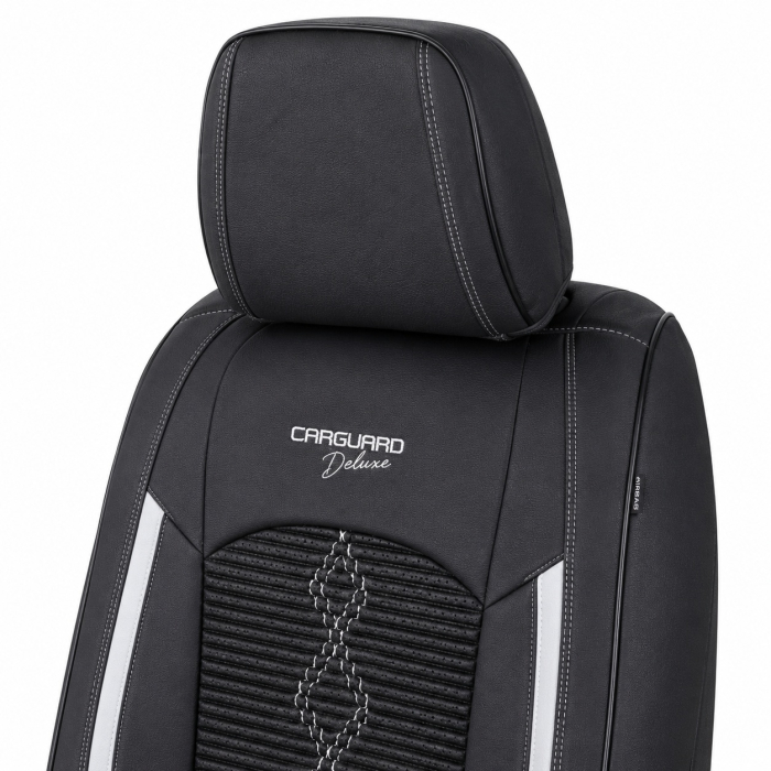 Huse auto premium 5 locuri Carguard Deluxe piele ecologică perforată și textil - negru - alb [4]
