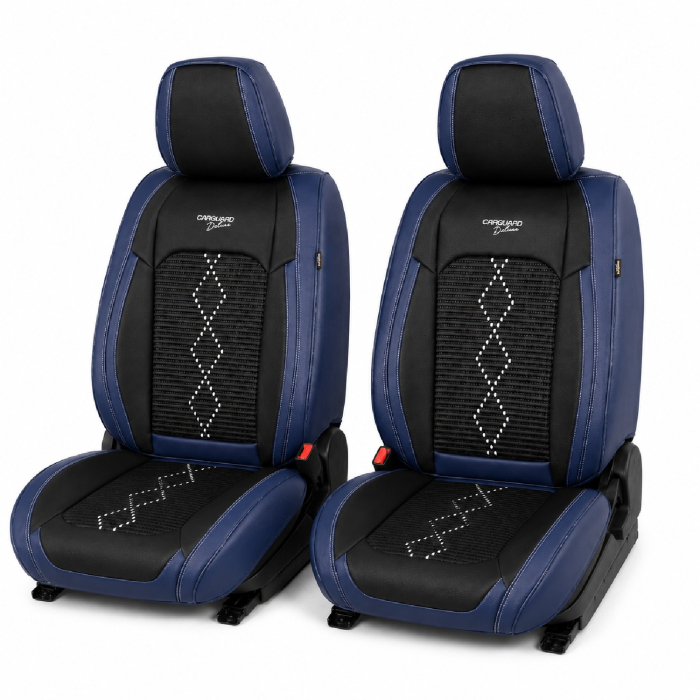 Huse auto premium 5 locuri Carguard Deluxe piele ecologică perforată și textil - negru - albastru închis [2]