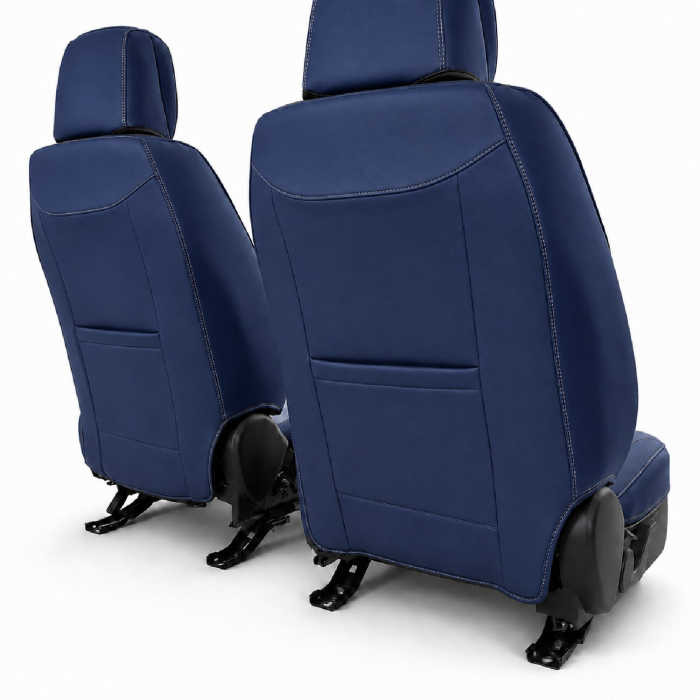 Huse auto premium 5 locuri Carguard Deluxe piele ecologică perforată și textil - negru - albastru închis [7]