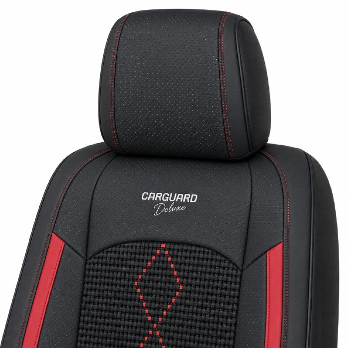 Huse auto premium 5 locuri Carguard Deluxe piele ecologică perforată și textil - negru - rosu închis [4]