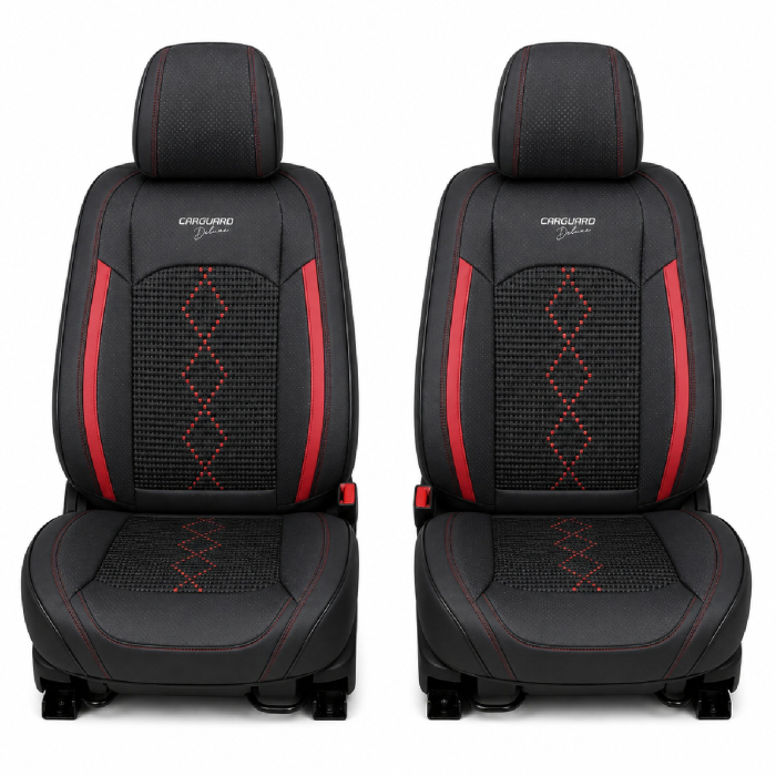 Huse auto premium 5 locuri Carguard Deluxe piele ecologică perforată și textil - negru - rosu închis [2]