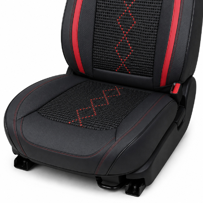 Huse auto premium 5 locuri Carguard Deluxe piele ecologică perforată și textil - negru - rosu închis [6]
