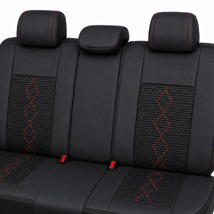 Huse auto premium 5 locuri Carguard Deluxe piele ecologică perforată și textil - negru - rosu închis [5]